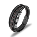 Bracciale multistrato da uomo in pelle con perline d'argento e chiusura magnetica - 19cm / Mix Nero e Caffè
