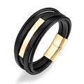 Pulsera multicapa de cuero negro con cierre magnético de acero inoxidable dorado - 19cm / Dorado