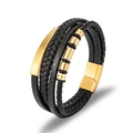 Men's multilayer braided leather bracelet with golden magnetic clasp and cylinder accents - 19cm / Gold