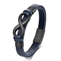 Doppellagiges marineblaues Lederarmband mit mattschwarzem Unendlichkeitssymbol-Anhänger - Blaues Leder + Schwarze Hardware 21CM
