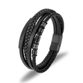 Men's multilayer braided leather bracelet with matte black magnetic steel clasp - 19cm / Black