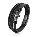 Bracciale multistrato in pelle intrecciata nera da uomo con croce Ankh e chiusura magnetica - 19cm / Nero