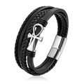 Bracciale multistrato in pelle nera con croce Ankh argento e chiusura magnetica - 19cm / Color Acciaio