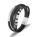 Detail of multi-layer black leather bracelet with silver metal beads and magnetic clasp - 19cm / Steel