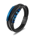 Men's multilayer braided leather bracelet with blue metal beads and magnetic clasp - 19cm / Blue