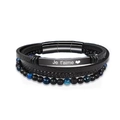 Men's multilayer leather bracelet with blue tiger eye beads and Je t'aime engraving - 19cm