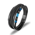 Men's multilayer braided leather bracelet with blue metal accents and magnetic clasp - 19cm / Black and Blue