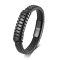 Men's stylish multi-layer black braided leather bracelet with magnetic clasp and steel rings - Black / 21cm