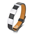 Minimalist black pebble leather bracelet for men with silver metal square accents - Black Microfiber Leather