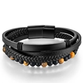 Men's multi-layer black leather bracelet with tiger eye stone and magnetic clasp - 19cm / Two-Piece Buckle Yellow Tiger Eye And Matte Stone