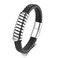 Men's black woven leather bracelet with multiple polished silver metal rings - Steel / 21cm