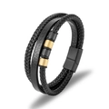 Men's multilayer braided black leather bracelet with gold and black steel beads - Black Leather Black Gold Beads