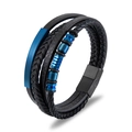 Men's multilayer braided black leather bracelet with blue stainless steel magnetic clasp - Blue
