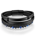 Men's multilayer braided leather bracelet with blue tiger eye beads and metal plate - 19cm / Two-Piece Buckle Blue Tiger Eye And Matte Stone