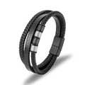 Men's multi-layer black braided leather bracelet with silver cylinders and magnetic buckle - Two-tone Black