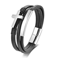 Pulsera de cuero negro multicapa para hombre con cruz de acero inoxidable y cierre magnético - 19cm / Color acero