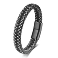 Detailed close-up of multilayer braided black leather bracelet with white stitching detail - White Rope Black Buckle