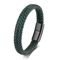 Detailed close-up of woven black leather bracelet featuring emerald green silk stitching - Green Rope Black Buckle