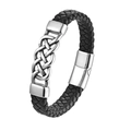 Bracciale da uomo in pelle nera intrecciata con nodo celtico argento e chiusura in metallo - Colore acciaio / 19cm