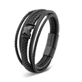 Pulsera multicapa de cuero trenzado negro para hombre con cierre magnético brillante - 19cm / Negro