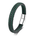 Braided black leather bracelet with green stitching and silver magnetic clasp - Green Rope Silver Buckle