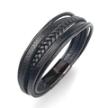 Black multilayer braided leather bracelet for men with matte magnetic steel clasp - 19cm / Black Leather + Black Buckle