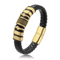 Men's woven black leather bracelet with gold metal honeycomb texture and magnetic clasp - Gold
