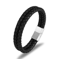 Bracelet double en cuir noir tressé pour homme avec fermoir magnétique argenté mat - Cuir Noir Boucle Argentée / 19cm