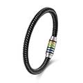 Bracelet en cuir tressé noir avec fermoir magnétique coloré et coutures argentées - 19cm / Couleur Acier