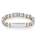 Detailed macro of a two-tone stainless steel biker link bracelet with engravable ID plate - Width 1.2cm * Length 23cm / Two-tone (Gold & Silver)