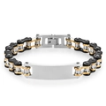 Detailed view of tricolor steel motorcycle chain bracelet with blank engravable plate - Width 1.2cm * Length 23cm / Black and Gold