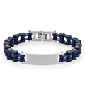 Macro detail of blue and black stainless steel motorcycle chain bracelet with silver ID plate - Width 1.2cm * Length 23cm / Black and Blue