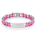 Detail of bike chain style stainless steel bracelet with engravable plate and pink accents - Width 1.2cm * Length 23cm / Pink Silver Tone