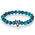 Men's blue tiger eye beaded bracelet featuring a vintage silver wolf head charm - Lake Blue Tiger Eye Style / 19cm