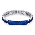 Silver and blue stainless steel link bracelet with textured center plate - 10mm*210mm / Blue & Silver