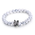 White turquoise beaded bracelet with detailed silver wolf head charm for men and women - White Turquoise Style