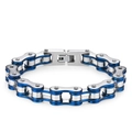 Détail macro du bracelet chaîne style moto punk en acier inoxydable argenté et bleu - Argent et Bleu