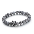 Men's grey marble beaded bracelet with a vintage silver stainless steel wolf head charm - Labradorite Style