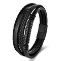 Men's multilayer black braided leather bracelet with stainless steel magnetic clasp - 23cm / Black