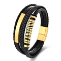 Men's multilayer black leather bracelet with gold stainless steel magnetic clasp - 19cm / Gold