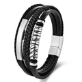 Men's multi-layer black leather bracelet with brushed silver magnetic clasp - 19cm / Steel