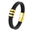 Men's double-layered black braided leather bracelet with golden magnetic clasp - Black Leather Gold Hardware / 19cm