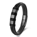 Men's minimalist black braided leather bracelet with black metal cylinders and magnetic clasp - 19cm / Black