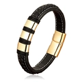 Men's black woven leather bracelet featuring gold-plated metal rings and magnetic clasp - 19cm / Gold