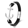 Zwarte gevlochten lederen herenarmband met een zilveren roestvrijstalen ankerhanger - 19cm / Staalkleur