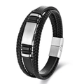 Multilayer men's black braided leather bracelet with silver magnetic clasp and metal inlay - 19cm / Two-tone Black