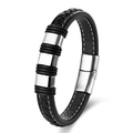 Men's braided black leather bracelet with polished silver stainless steel beads - 19cm / Steel