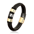 Men's black braided leather bracelet with gold and black metal rings and secure clasp - 19cm / Black and Gold