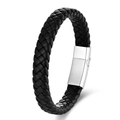 Men's braided black leather bracelet with a polished stainless steel magnetic clasp - 19cm / Black Leather