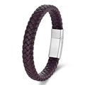 Braided leather bracelet in deep purple with polished silver stainless steel magnetic clasp - 19cm / Brown Leather